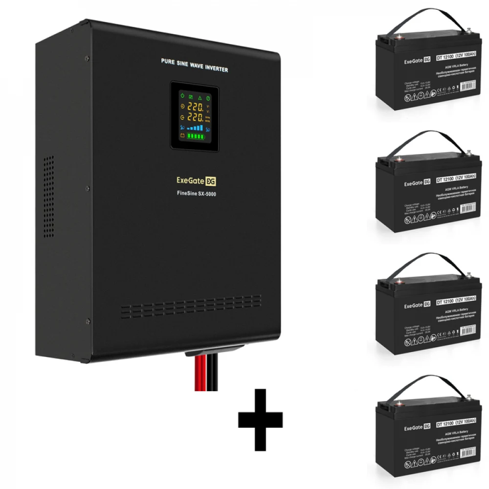 Комплект ИБП EX296004RUS + батарея 100Aч EX282985RUS 4шт (инвертор, синус, для котла, настенный) ExeGate FineSine SX-5000.LCD.AVR.2SH.T <5000VA/3500W, чистая синусоида, цветной LCD-дисплей, AVR, 2*S