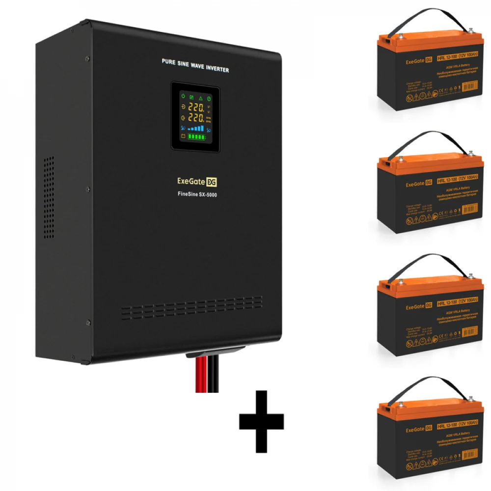 Комплект ИБП EX296004RUS + батарея 100Aч EX285656RUS 4шт (инвертор, синус, для котла, настенный) ExeGate FineSine SX-5000.LCD.AVR.2SH.T <5000VA/3500W, чистая синусоида, цветной LCD-дисплей, AVR, 2*S