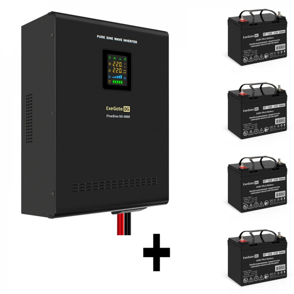 Комплект ИБП EX296004RUS + батарея 33Aч EX282974RUS 4шт (инвертор, синус, для котла, настенный) ExeGate FineSine SX-5000.LCD.AVR.2SH.T <5000VA/3500W, чистая синусоида, цветной LCD-дисплей, AVR, 2*Sc
