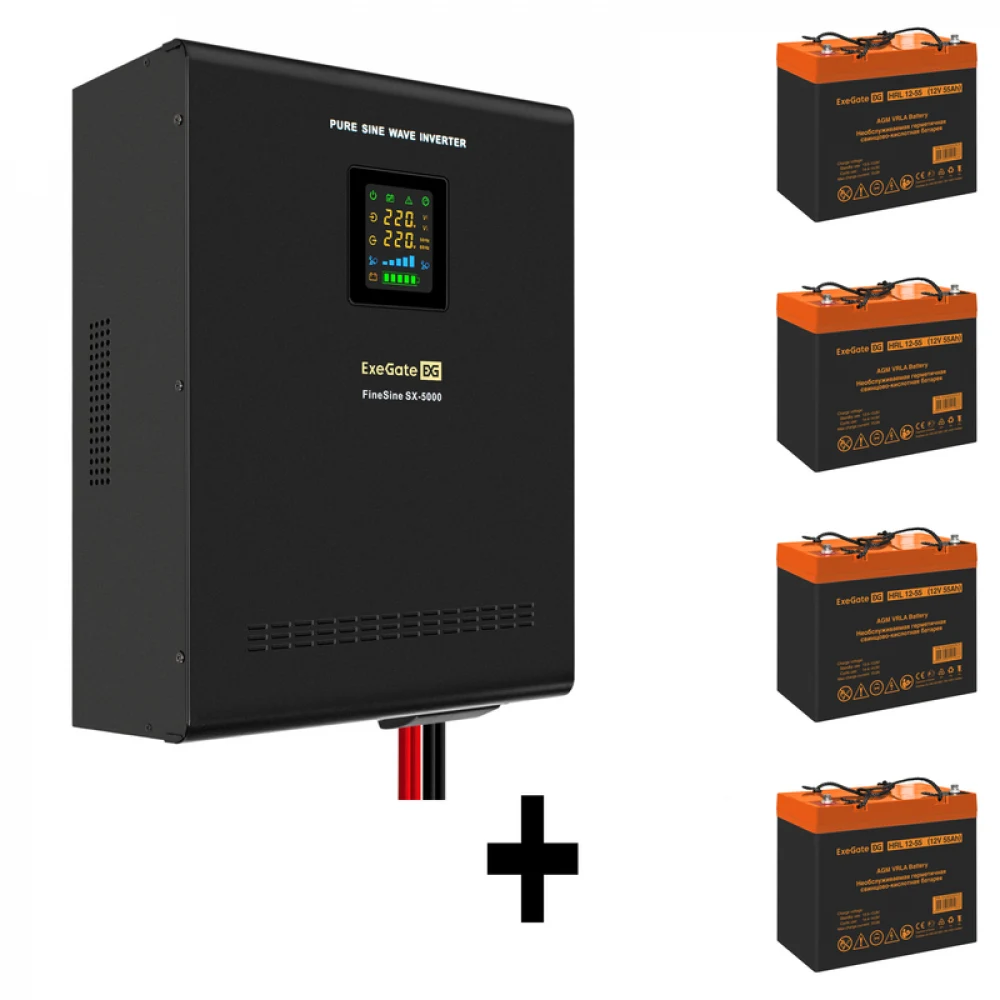 Комплект ИБП EX296004RUS + батарея 55Aч EX285652RUS 4шт (инвертор, синус, для котла, настенный) ExeGate FineSine SX-5000.LCD.AVR.2SH.T <5000VA/3500W, чистая синусоида, цветной LCD-дисплей, AVR, 2*Sc