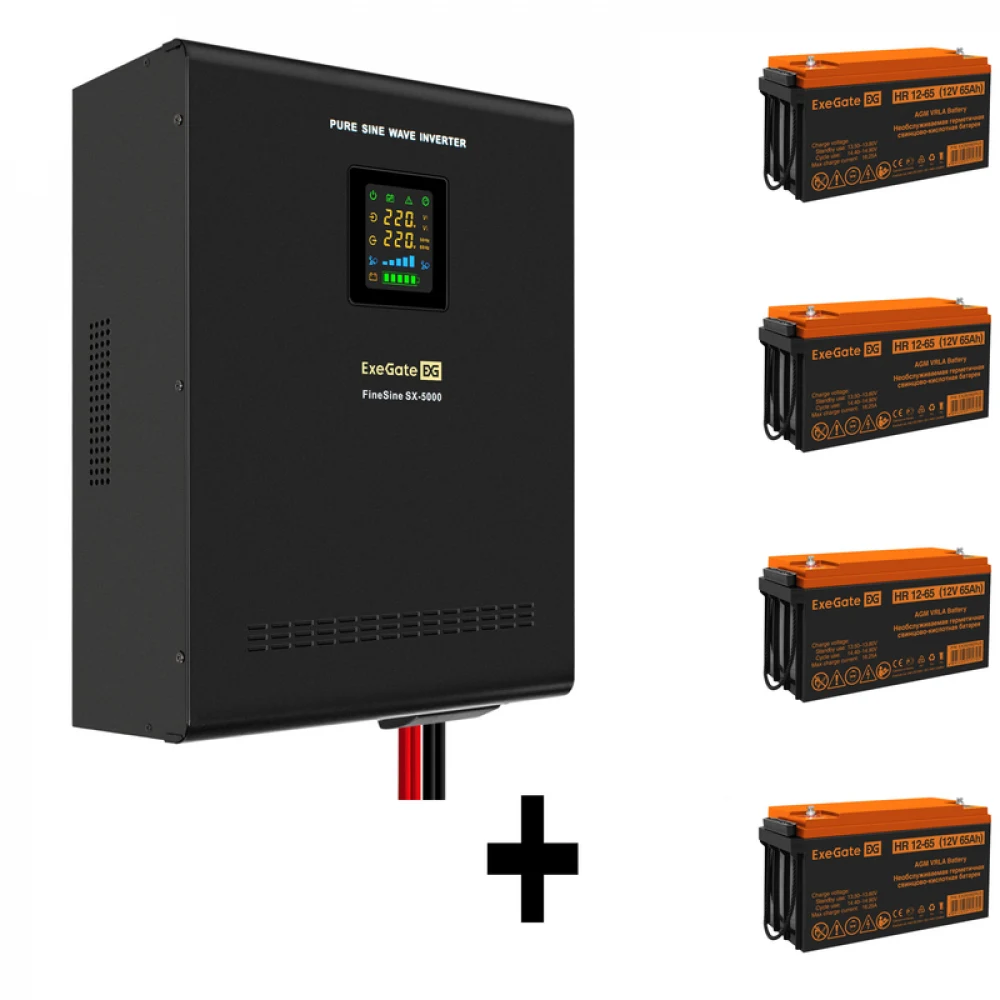 Комплект ИБП EX296004RUS + батарея 65Aч EX282982RUS 4шт (инвертор, синус, для котла, настенный) ExeGate FineSine SX-5000.LCD.AVR.2SH.T <5000VA/3500W, чистая синусоида, цветной LCD-дисплей, AVR, 2*Sc