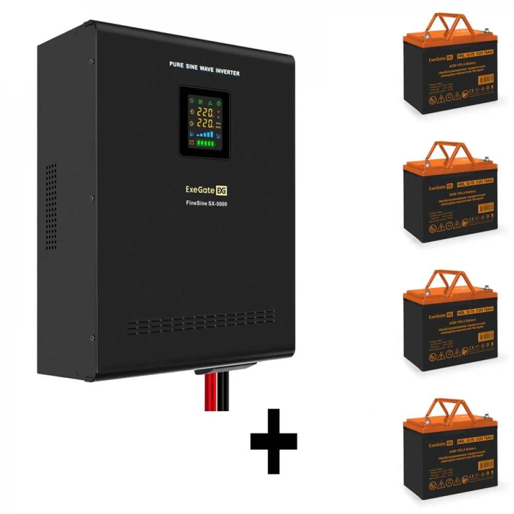 Комплект ИБП EX296004RUS + батарея 75Aч EX285653RUS 4шт (инвертор, синус, для котла, настенный) ExeGate FineSine SX-5000.LCD.AVR.2SH.T <5000VA/3500W, чистая синусоида, цветной LCD-дисплей, AVR, 2*Sc