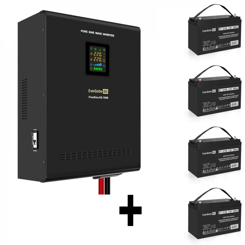 Комплект ИБП EX296005RUS + батарея 100Aч EX282985RUS 4шт (инвертор, синус, для котла, настенный) ExeGate FineSine SX-7000.LCD.AVR.2SH.T <7000VA/5000W, чистая синусоида, цветной LCD-дисплей, AVR, 2*S