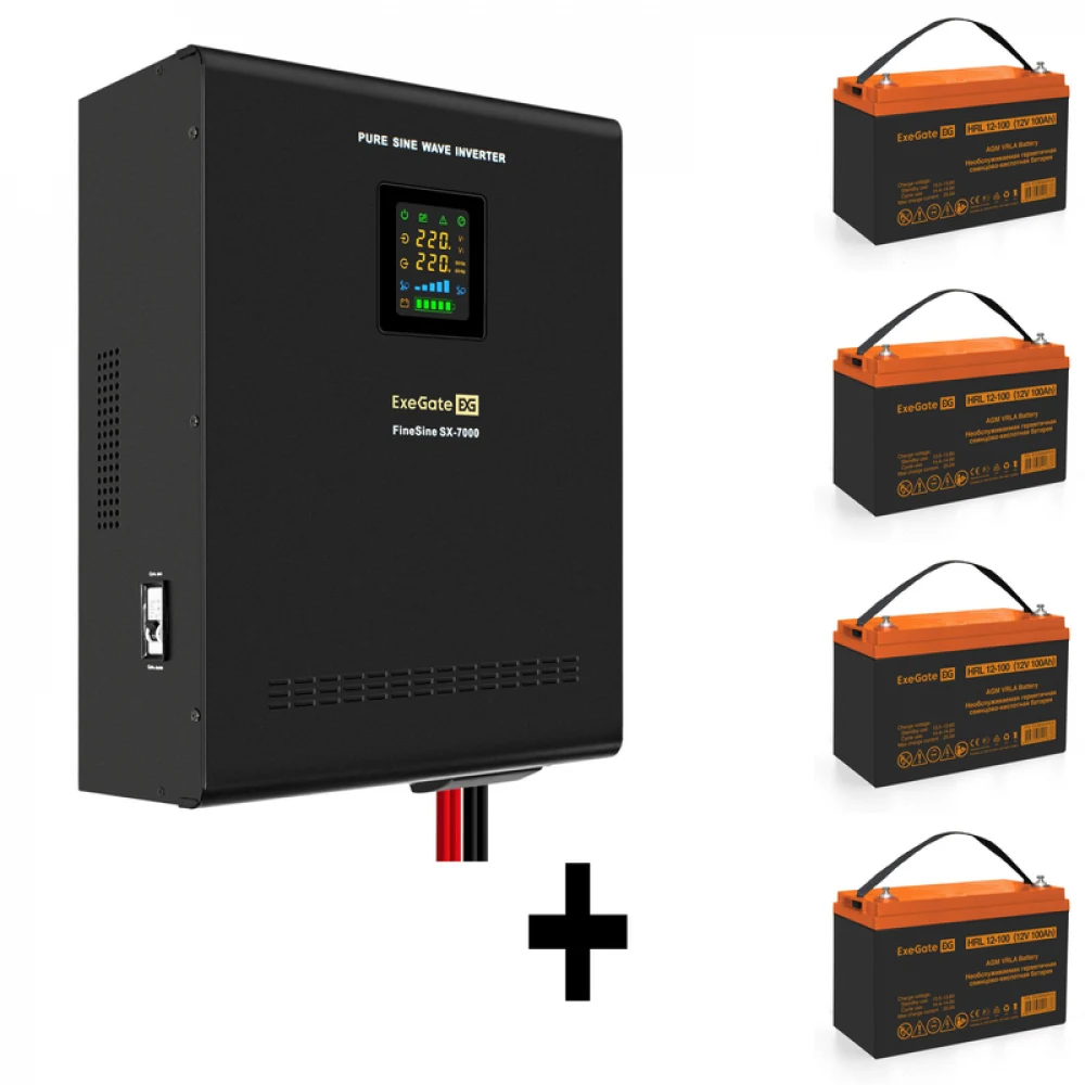 Комплект ИБП EX296005RUS + батарея 100Aч EX285656RUS 4шт (инвертор, синус, для котла, настенный) ExeGate FineSine SX-7000.LCD.AVR.2SH.T <7000VA/5000W, чистая синусоида, цветной LCD-дисплей, AVR, 2*S