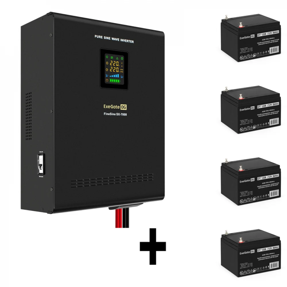 Комплект ИБП EX296005RUS + батарея 26Aч EX282970RUS 4шт (инвертор, синус, для котла, настенный) ExeGate FineSine SX-7000.LCD.AVR.2SH.T <7000VA/5000W, чистая синусоида, цветной LCD-дисплей, AVR, 2*Sc