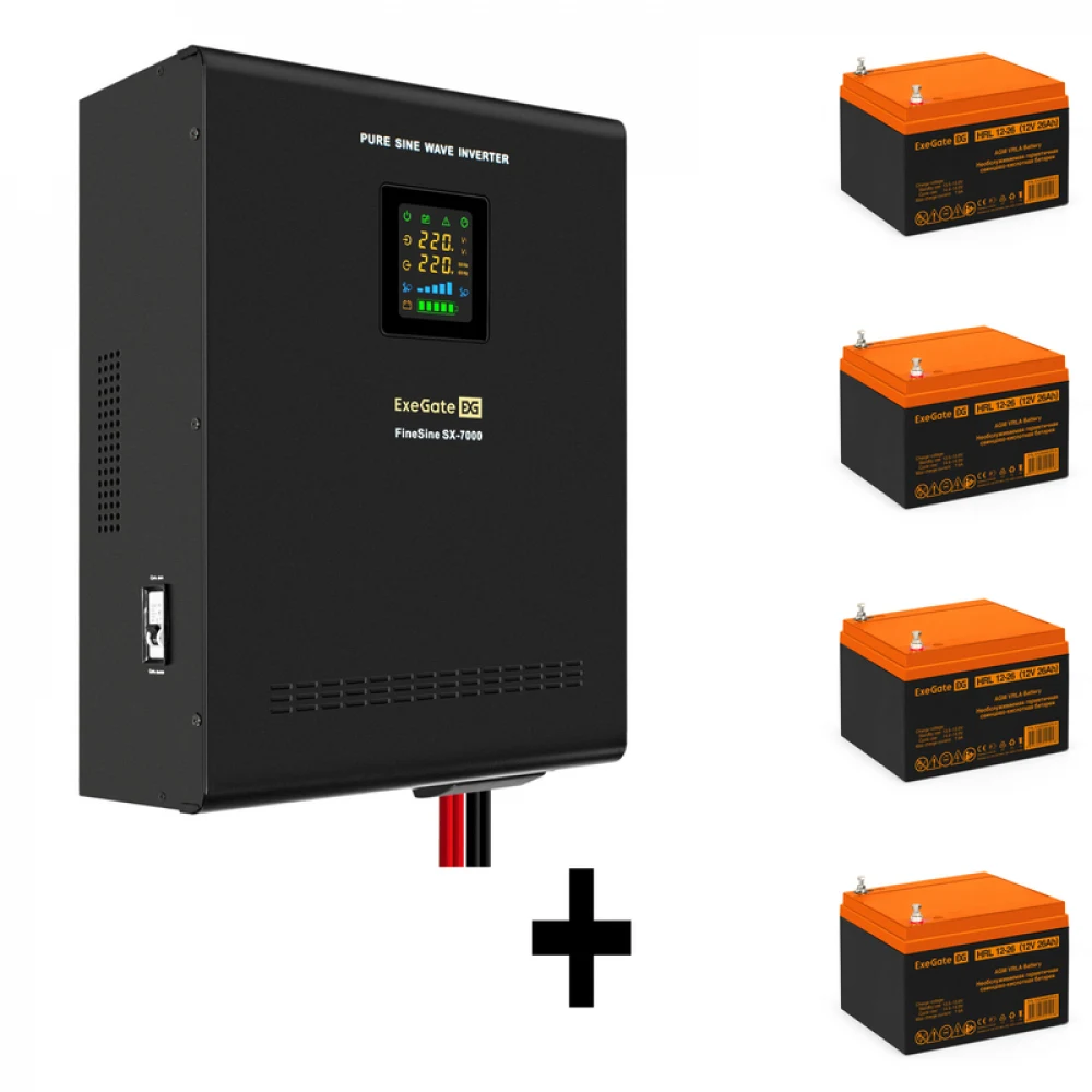 Комплект ИБП EX296005RUS + батарея 26Aч EX285663RUS 4шт (инвертор, синус, для котла, настенный) ExeGate FineSine SX-7000.LCD.AVR.2SH.T <7000VA/5000W, чистая синусоида, цветной LCD-дисплей, AVR, 2*Sc