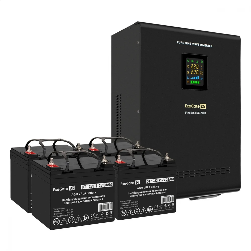 Комплект ИБП EX296005RUS + батарея 33Aч EX282974RUS 4шт (инвертор, синус, для котла, настенный) ExeGate FineSine SX-7000.LCD.AVR.2SH.T <7000VA/5000W, чистая синусоида, цветной LCD-дисплей, AVR, 2*Sc