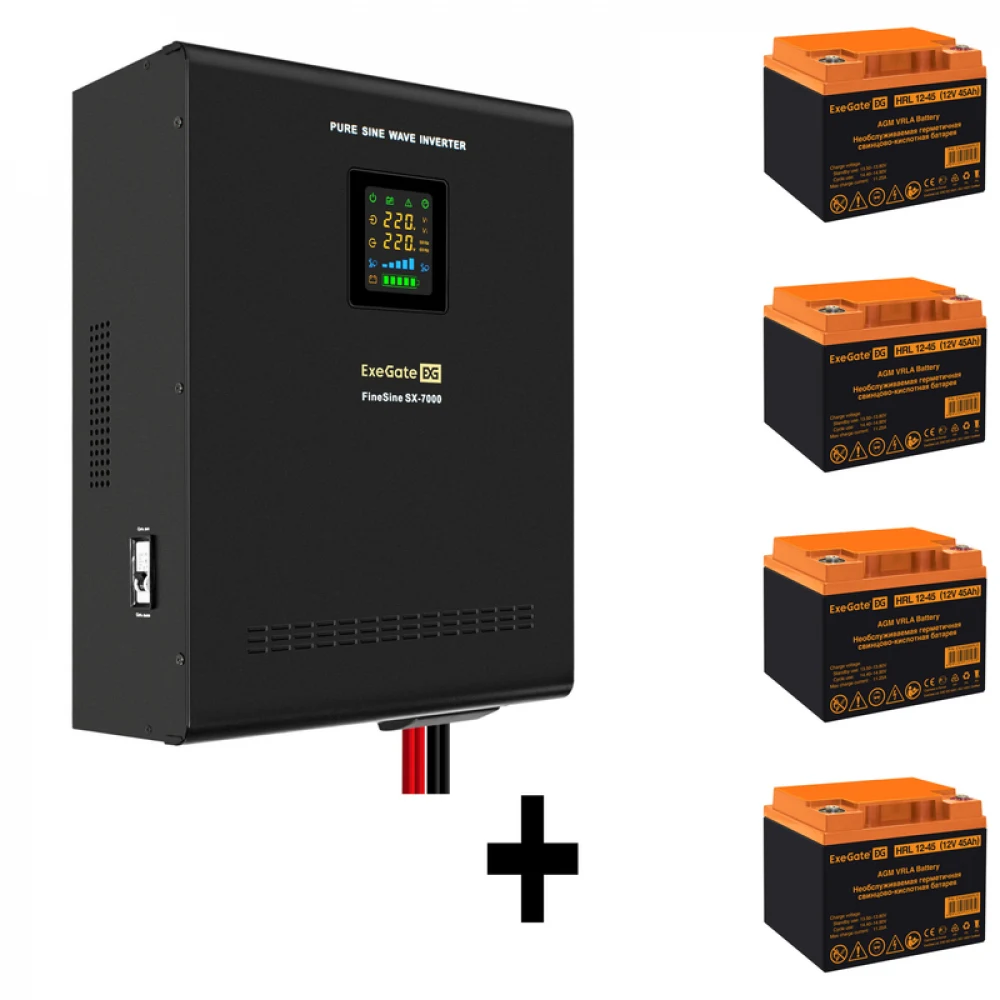 Комплект ИБП EX296005RUS + батарея 45Aч EX285666RUS 4шт (инвертор, синус, для котла, настенный) ExeGate FineSine SX-7000.LCD.AVR.2SH.T <7000VA/5000W, чистая синусоида, цветной LCD-дисплей, AVR, 2*Sc