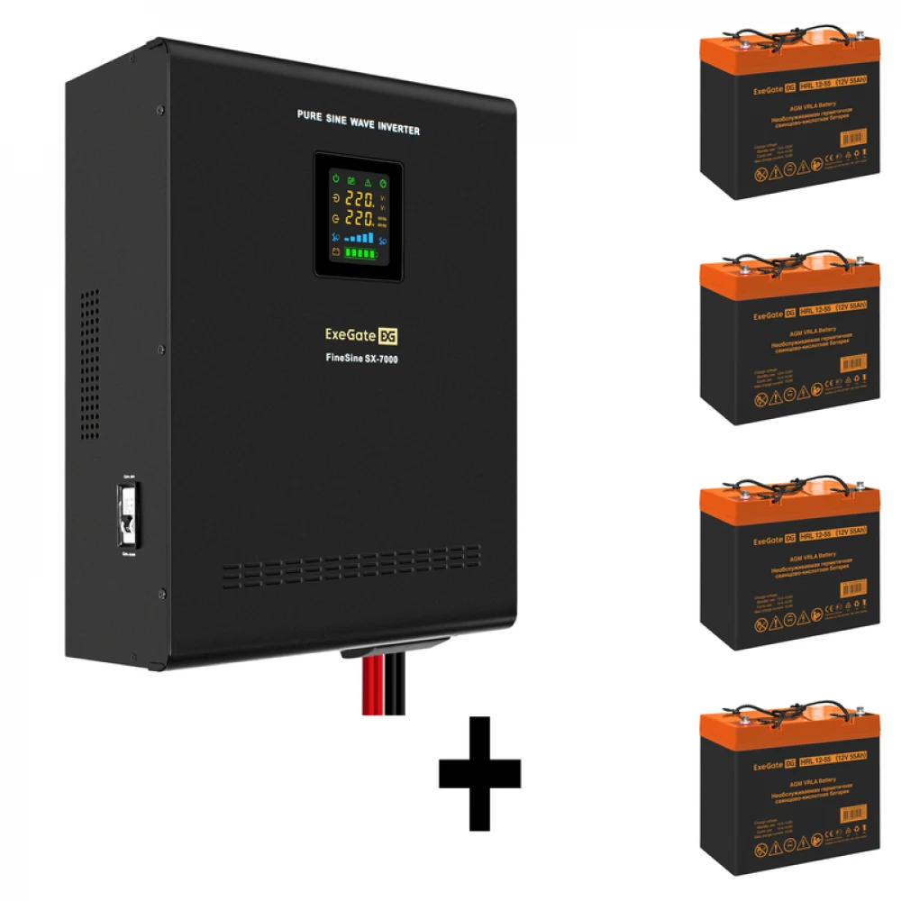 Комплект ИБП EX296005RUS + батарея 55Aч EX285652RUS 4шт (инвертор, синус, для котла, настенный) ExeGate FineSine SX-7000.LCD.AVR.2SH.T <7000VA/5000W, чистая синусоида, цветной LCD-дисплей, AVR, 2*Sc