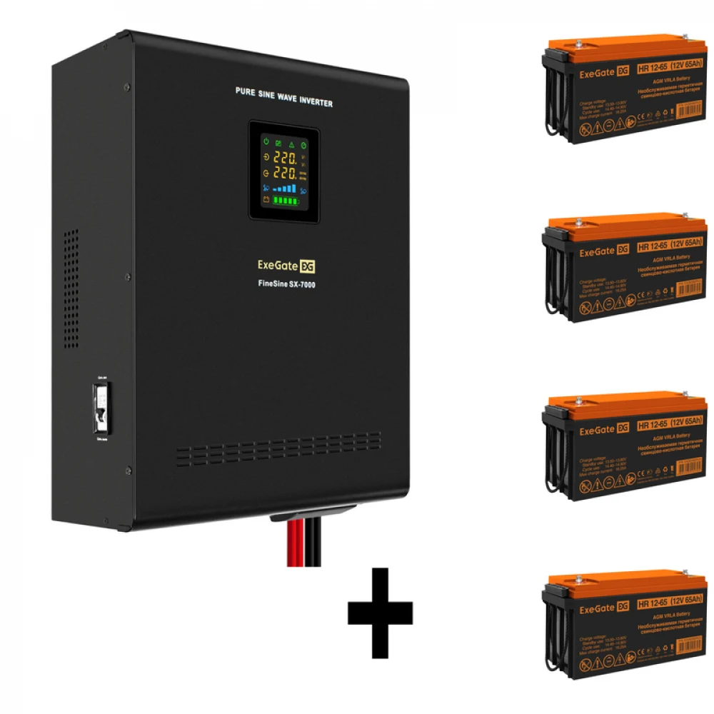 Комплект ИБП EX296005RUS + батарея 65Aч EX282982RUS 4шт (инвертор, синус, для котла, настенный) ExeGate FineSine SX-7000.LCD.AVR.2SH.T <7000VA/5000W, чистая синусоида, цветной LCD-дисплей, AVR, 2*Sc