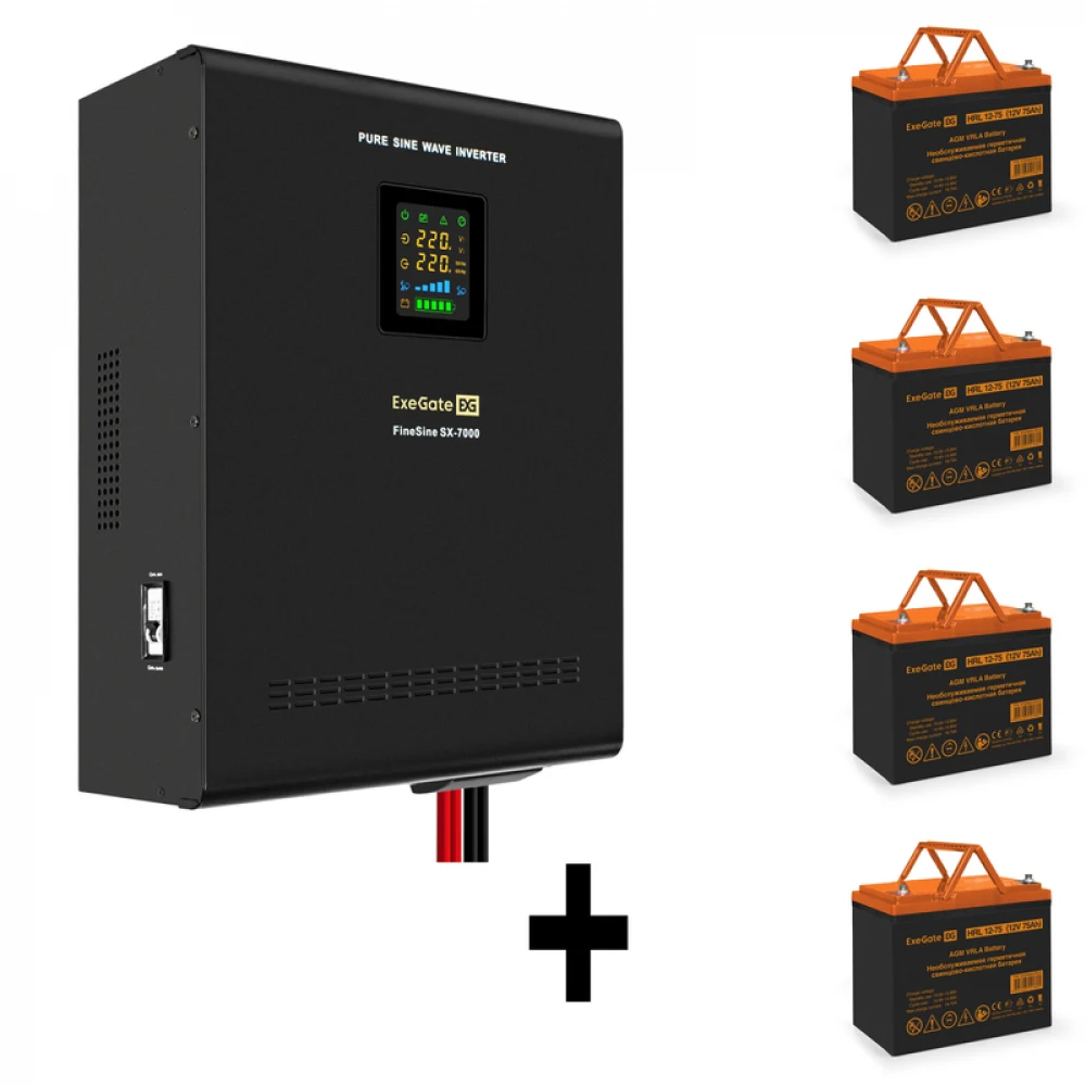 Комплект ИБП EX296005RUS + батарея 75Aч EX285653RUS 4шт (инвертор, синус, для котла, настенный) ExeGate FineSine SX-7000.LCD.AVR.2SH.T <7000VA/5000W, чистая синусоида, цветной LCD-дисплей, AVR, 2*Sc
