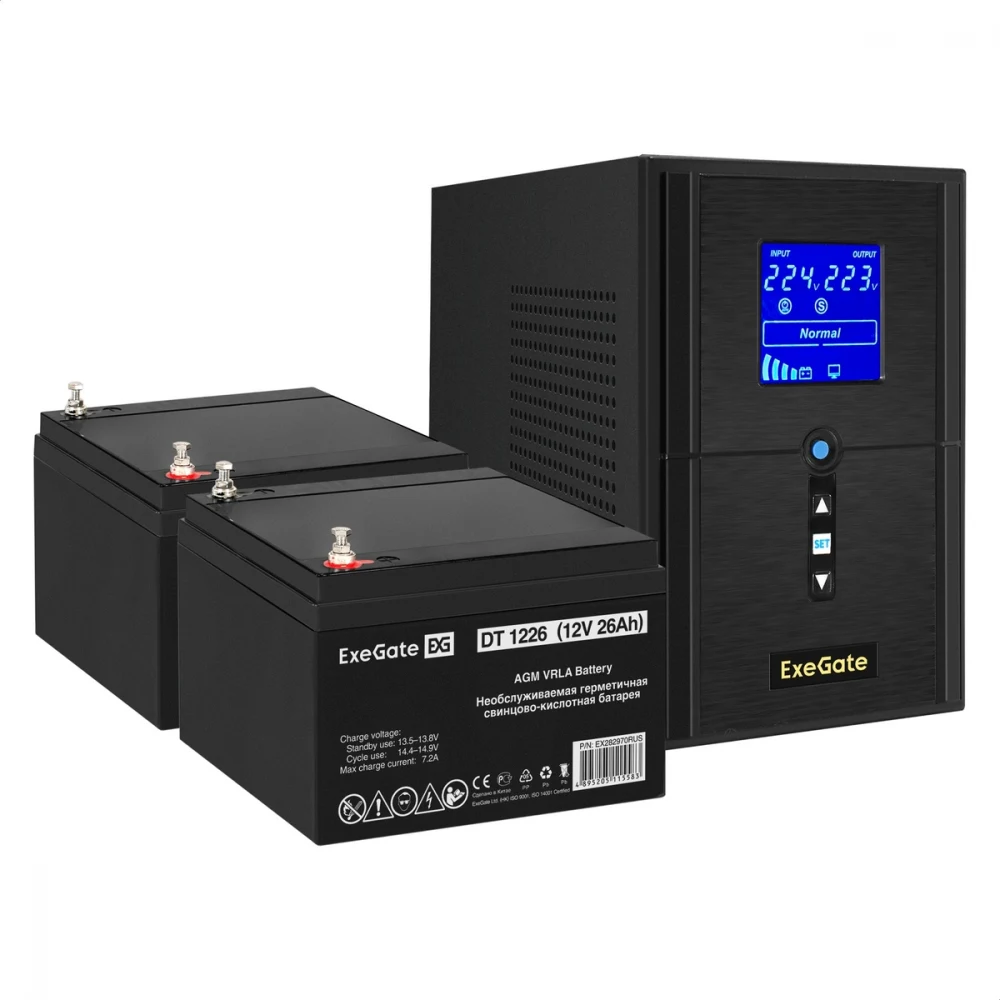 Комплект ИБП EX295988RUS + батарея 26Aч EX282970RUS 2шт (инвертор, синус, для котла) ExeGate SineTower SZ-1500.LCD.AVR.2SH.1C13.USB <1500VA/1200W, чистый синусоида, LCD дисплей, AVR, 2*Schuko+1*C13,