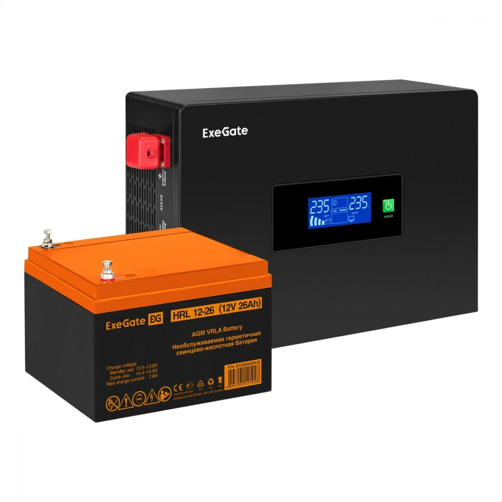 Комплект ИБП EX295992RUS + батарея 26Aч EX285663RUS 1шт инвертор, синус, для котла, PF=1, настенный) ExeGate IdealSine SR-600.LCD.2SH <600VA/600W, чистая синусоида, цветной LCD-дисплей, 2*Schuko, кр