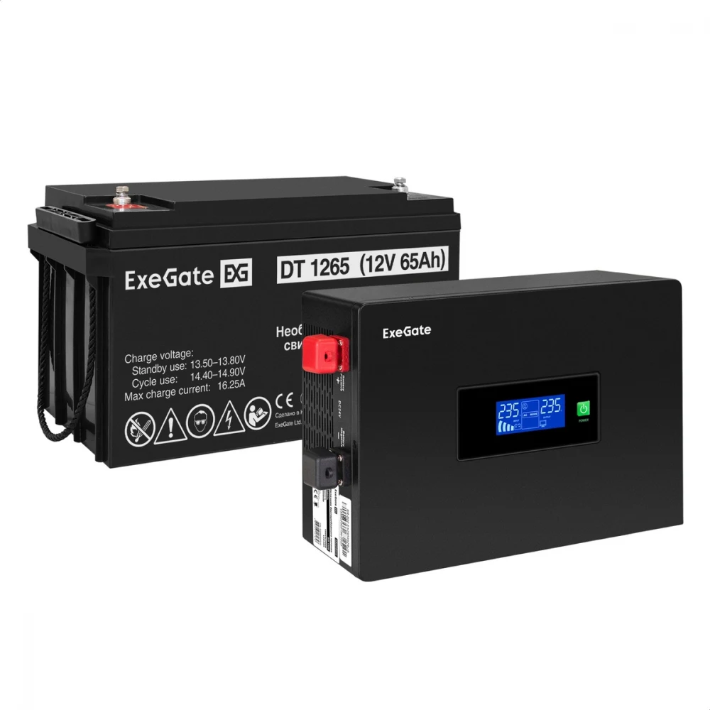 Комплект ИБП EX295992RUS + батарея 65Aч EX282980RUS 1шт инвертор, синус, для котла, PF=1, настенный) ExeGate IdealSine SR-600.LCD.2SH <600VA/600W, чистая синусоида, цветной LCD-дисплей, 2*Schuko, кр