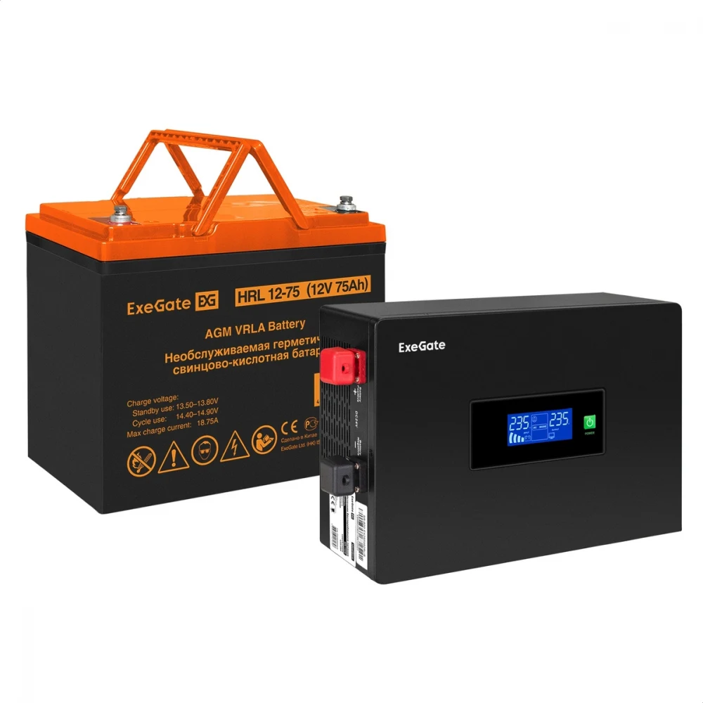 Комплект ИБП EX295992RUS + батарея 75Aч EX285653RUS 1шт инвертор, синус, для котла, PF=1, настенный) ExeGate IdealSine SR-600.LCD.2SH <600VA/600W, чистая синусоида, цветной LCD-дисплей, 2*Schuko, кр