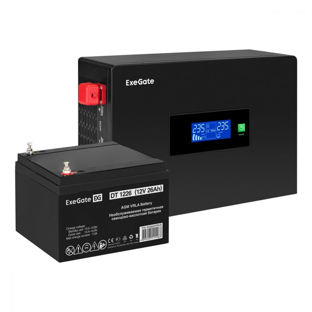 Комплект ИБП EX295993RUS + батарея 26Aч EX282970RUS 1шт (инвертор, синус, для котла, PF=1, настенный) ExeGate IdealSine SR-1000.LCD.2SH  <1000VA/1000W, чистая синусоида, цветной LCD-дисплей, 2*Schuk