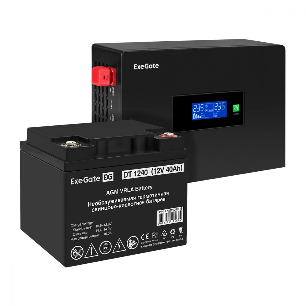 Комплект ИБП EX295993RUS + батарея 40Aч EX282976RUS 1шт инвертор, синус, для котла, PF=1, настенный) ExeGate IdealSine SR-1000.LCD.2SH  <1000VA/1000W, чистая синусоида, цветной LCD-дисплей, 2*Schuko