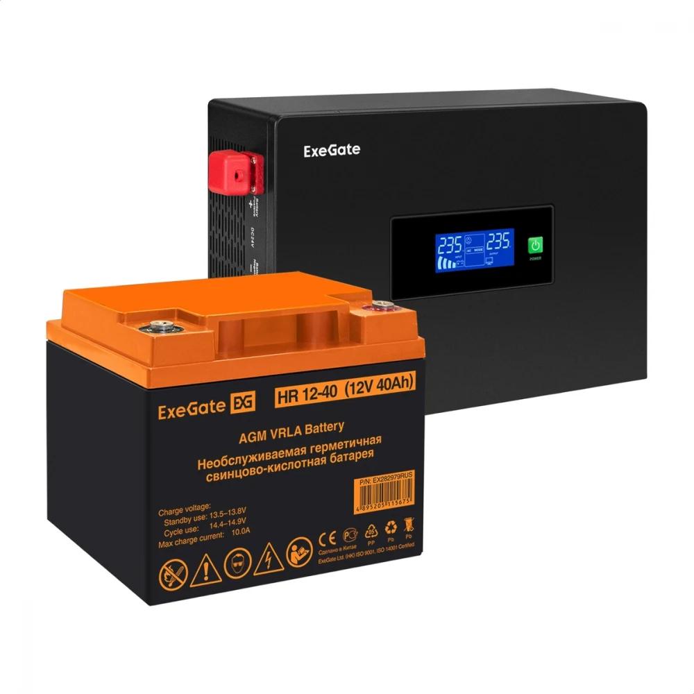 Комплект ИБП EX295993RUS + батарея 40Aч EX282979RUS 1шт инвертор, синус, для котла, PF=1, настенный) ExeGate IdealSine SR-1000.LCD.2SH  <1000VA/1000W, чистая синусоида, цветной LCD-дисплей, 2*Schuko