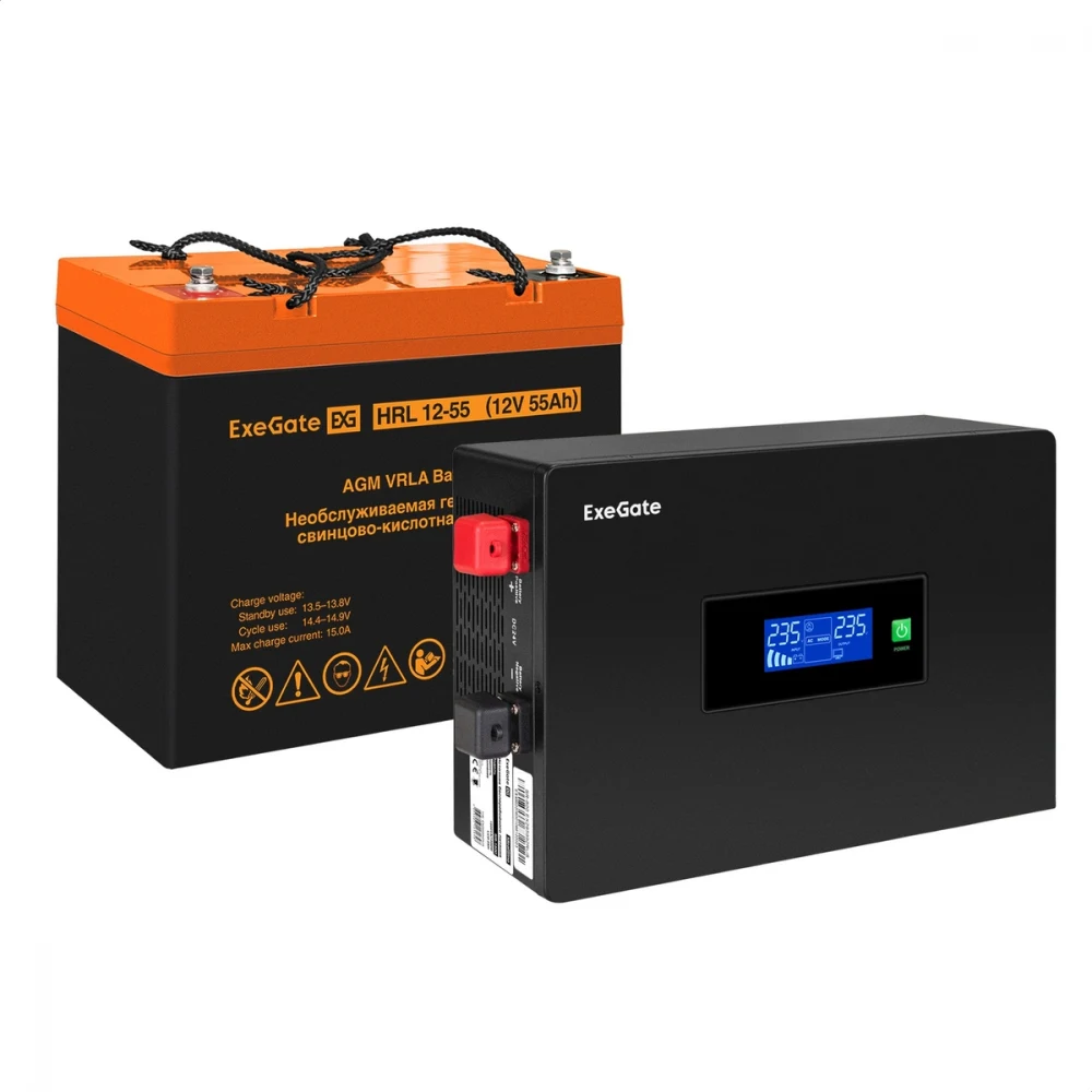 Комплект ИБП EX295993RUS + батарея 55Aч EX285652RUS 1шт инвертор, синус, для котла, PF=1, настенный) ExeGate IdealSine SR-1000.LCD.2SH  <1000VA/1000W, чистая синусоида, цветной LCD-дисплей, 2*Schuko