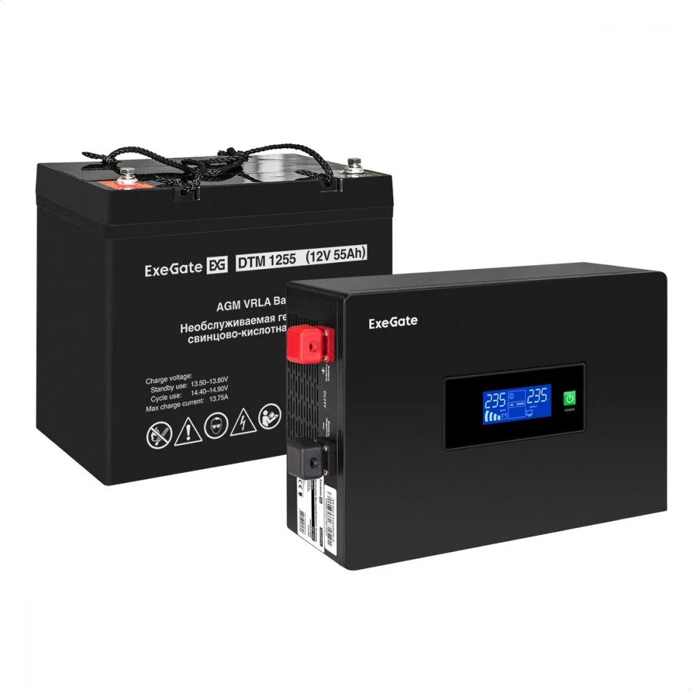 Комплект ИБП EX295993RUS + батарея 55Aч EX285667RUS 1шт инвертор, синус, для котла, PF=1, настенный) ExeGate IdealSine SR-1000.LCD.2SH  <1000VA/1000W, чистая синусоида, цветной LCD-дисплей, 2*Schuko