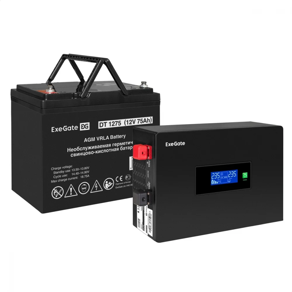 Комплект ИБП EX295993RUS + батарея 75Aч EX282983RUS 1шт инвертор, синус, для котла, PF=1, настенный) ExeGate IdealSine SR-1000.LCD.2SH  <1000VA/1000W, чистая синусоида, цветной LCD-дисплей, 2*Schuko