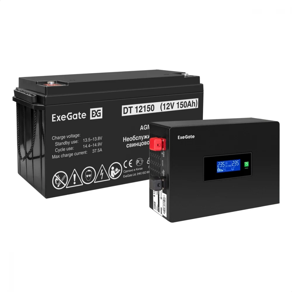 Комплект ИБП EX295993RUS + батарея 150Aч EX282990RUS 1шт инвертор, синус, для котла, PF=1, настенный) ExeGate IdealSine SR-1000.LCD.2SH  <1000VA/1000W, чистая синусоида, цветной LCD-дисплей, 2*Schuk