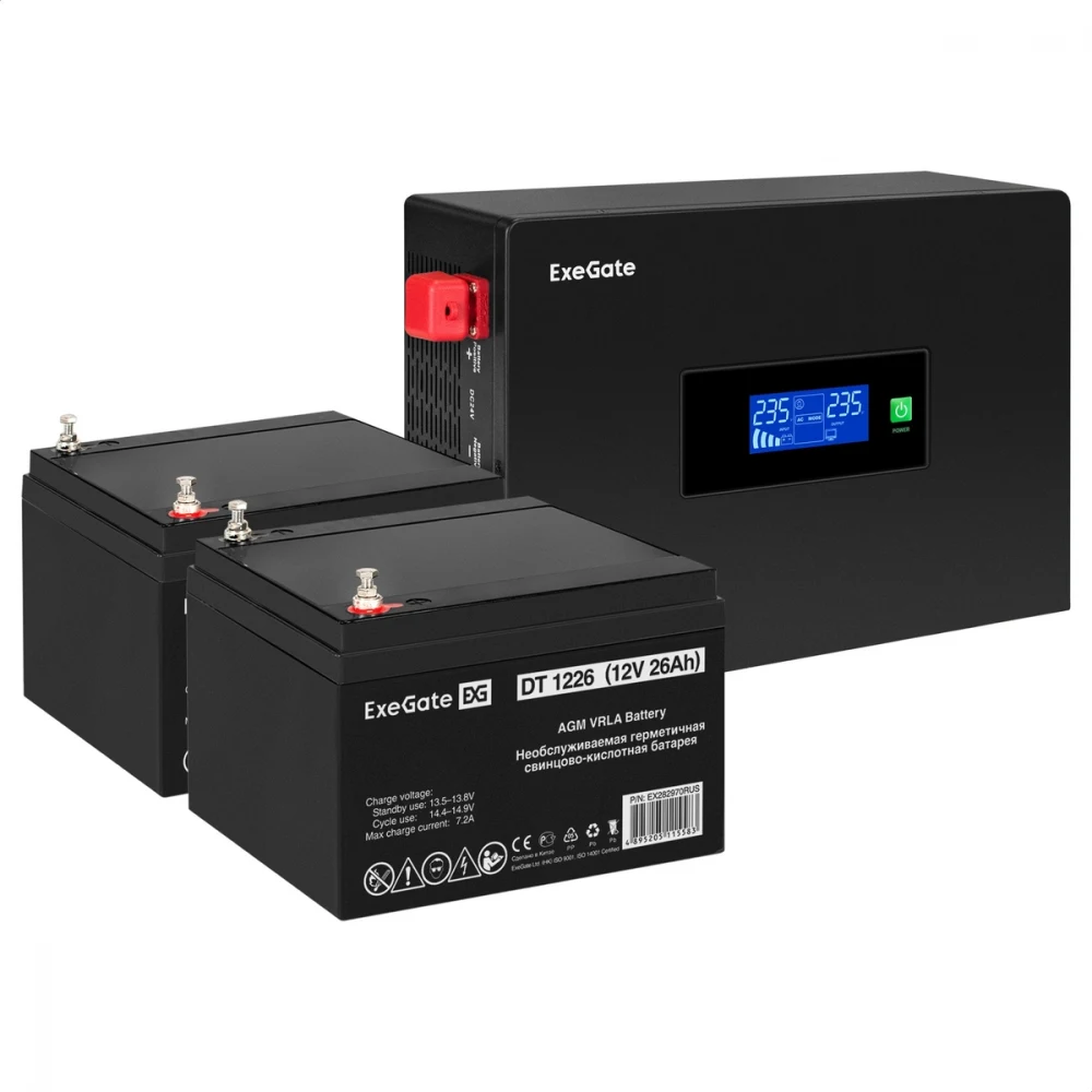 Комплект ИБП EX295994RUS + батарея 26Aч EX282970RUS 2шт (инвертор, синус, для котла, PF=1, настенный) ExeGate IdealSine SR-1500.LCD.2SH  <1500VA/1500W, чистая синусоида, цветной LCD-дисплей, 2*Schuk