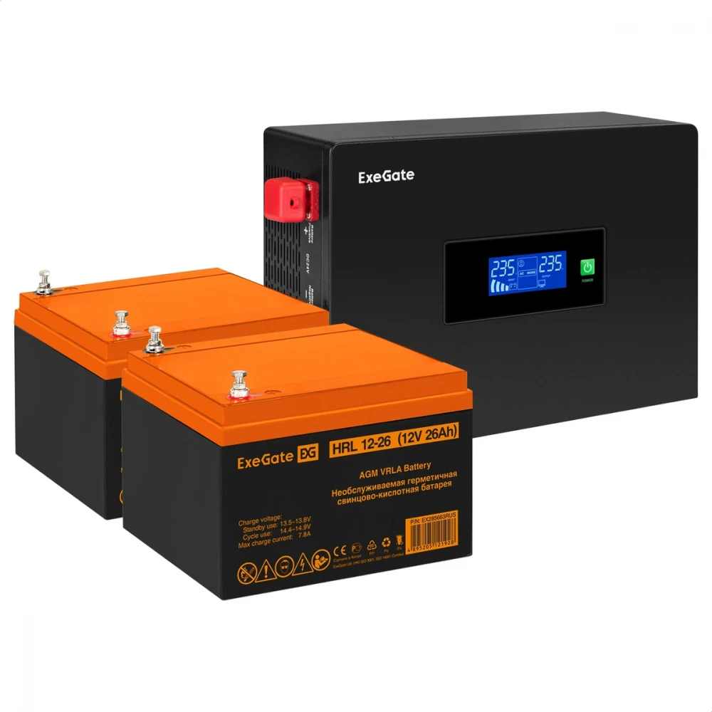 Комплект ИБП EX295994RUS + батарея 26Aч EX285663RUS 2шт инвертор, синус, для котла, PF=1, настенный) ExeGate IdealSine SR-1500.LCD.2SH  <1500VA/1500W, чистая синусоида, цветной LCD-дисплей, 2*Schuko
