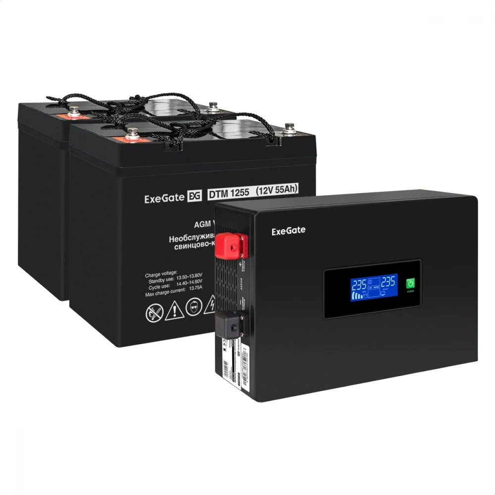 Комплект ИБП EX295994RUS + батарея 55Aч EX285667RUS 2шт инвертор, синус, для котла, PF=1, настенный) ExeGate IdealSine SR-1500.LCD.2SH  <1500VA/1500W, чистая синусоида, цветной LCD-дисплей, 2*Schuko