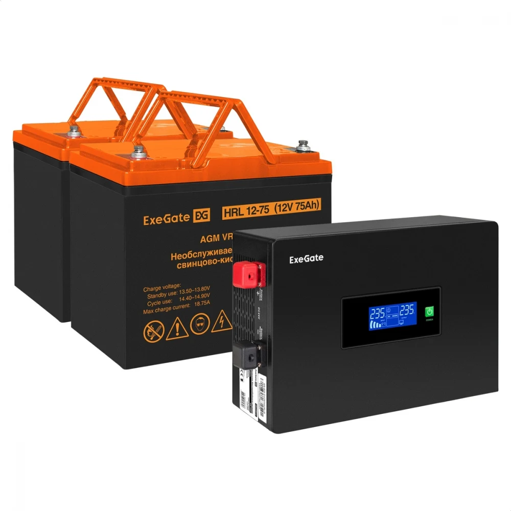 Комплект ИБП EX295994RUS + батарея 75Aч EX285653RUS 2шт инвертор, синус, для котла, PF=1, настенный) ExeGate IdealSine SR-1500.LCD.2SH  <1500VA/1500W, чистая синусоида, цветной LCD-дисплей, 2*Schuko