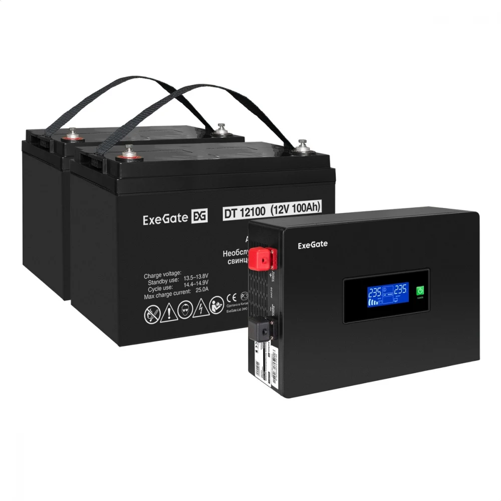 Комплект ИБП EX295994RUS + батарея 100Aч EX282985RUS 2шт инвертор, синус, для котла, PF=1, настенный) ExeGate IdealSine SR-1500.LCD.2SH  <1500VA/1500W, чистая синусоида, цветной LCD-дисплей, 2*Schuk