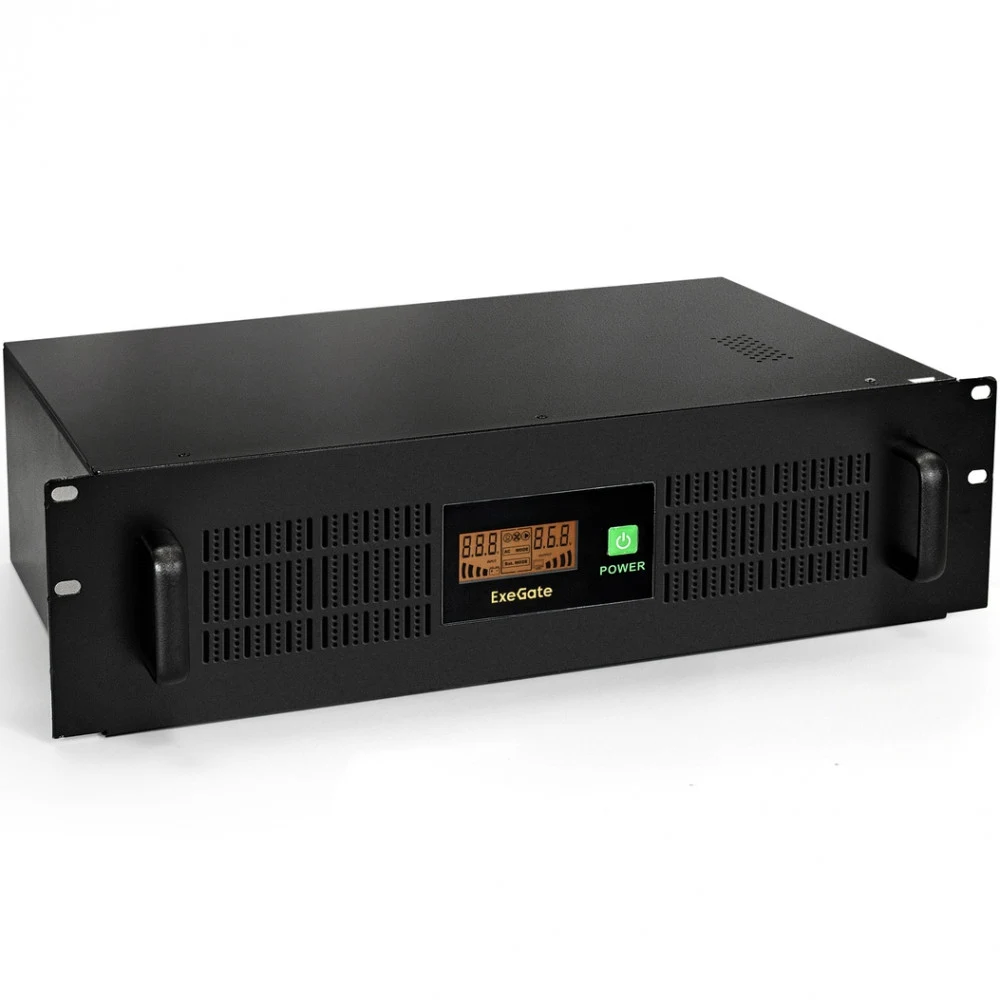 ИБП ExeGate ServerRM UNL-1500.LCD.AVR.3SH.RJ.USB.3U (1500VA/900W, LCD, AVR, 3*EU/Тип F(Schuko), RJ45/11, USB, батарея 12V 9Ah - 2 шт., 3U, установка в стойку, Black)