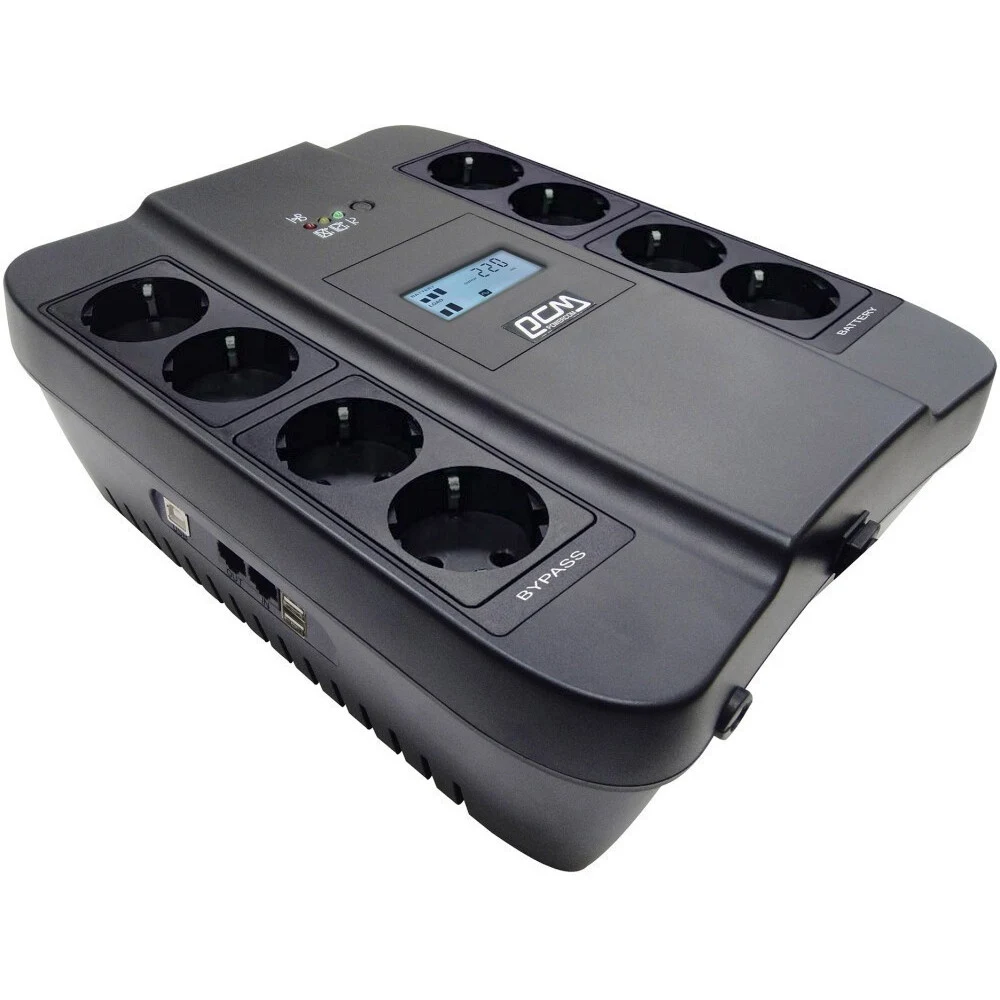 ИБП SPD-750U LCD, линейно-интерактивный, цифровой дисплей, 750 ВA, 450 Вт, 4 евророзетки с резервным питанием, 4 евророзетки с фильтрацией, USB, защита RJ45/RJ11, батарея свинцово-кислотная 12В 9Ач,