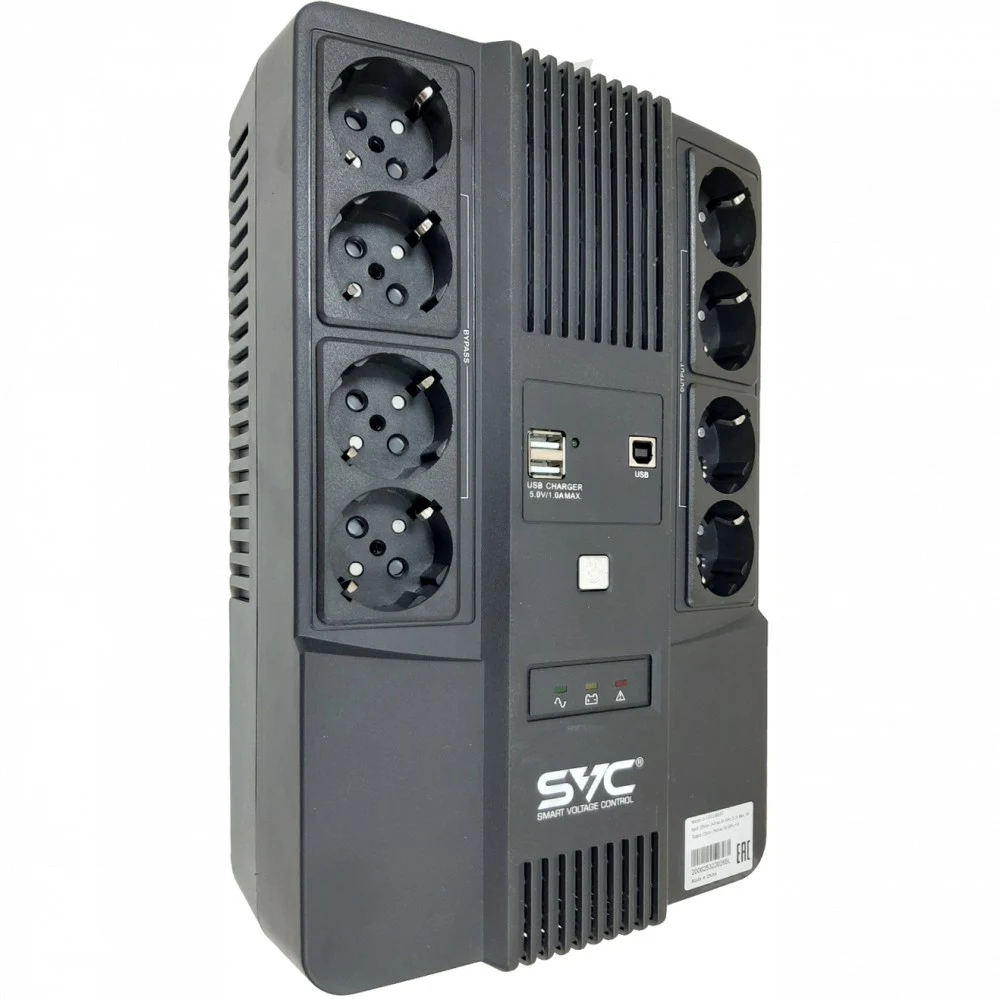 SVC,U-1000/BSSC, ИБП, Л-И.,1000ВА/600Вт, Вход:220В, AVR:162-290В, Вых.:220В±10%, АКБ 1*12В/10Ач, Вых.раз: 4*Schuko CEE7/4+4*Schuko CEE7/4(без бат. поддержки)+2*USB(A), Светодиод. индикация, Напольны