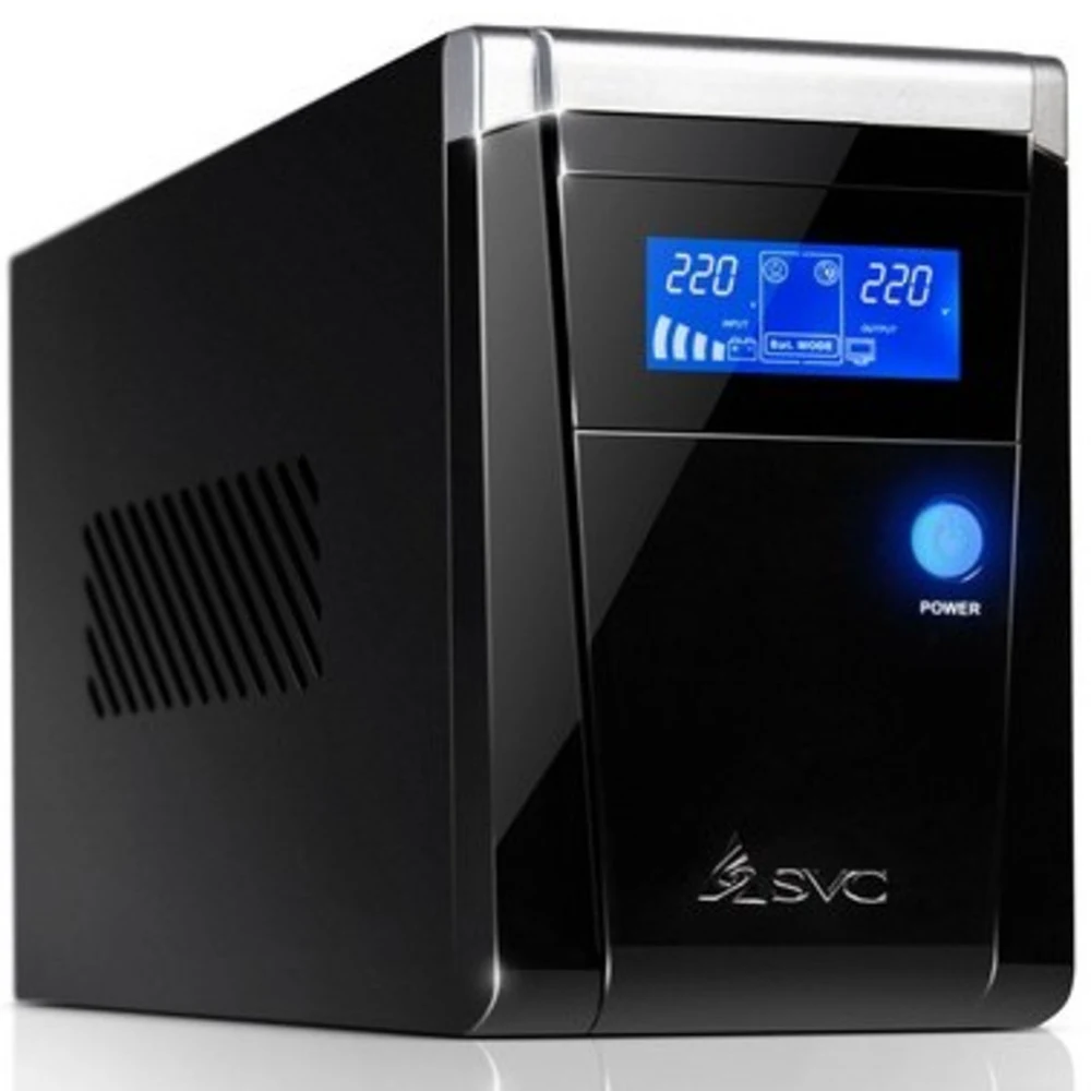 Источник бесперебойного питания, SVC, V-1200-F-LCD, Smart, USB, Мощность 1200ВА/720Вт, Диапазон работы AVR: 165-275В, Бат.: 12В/7.5 Ач*2шт., 3 вых.: Shuko CEE7., Защита тел. линии, Чёрный