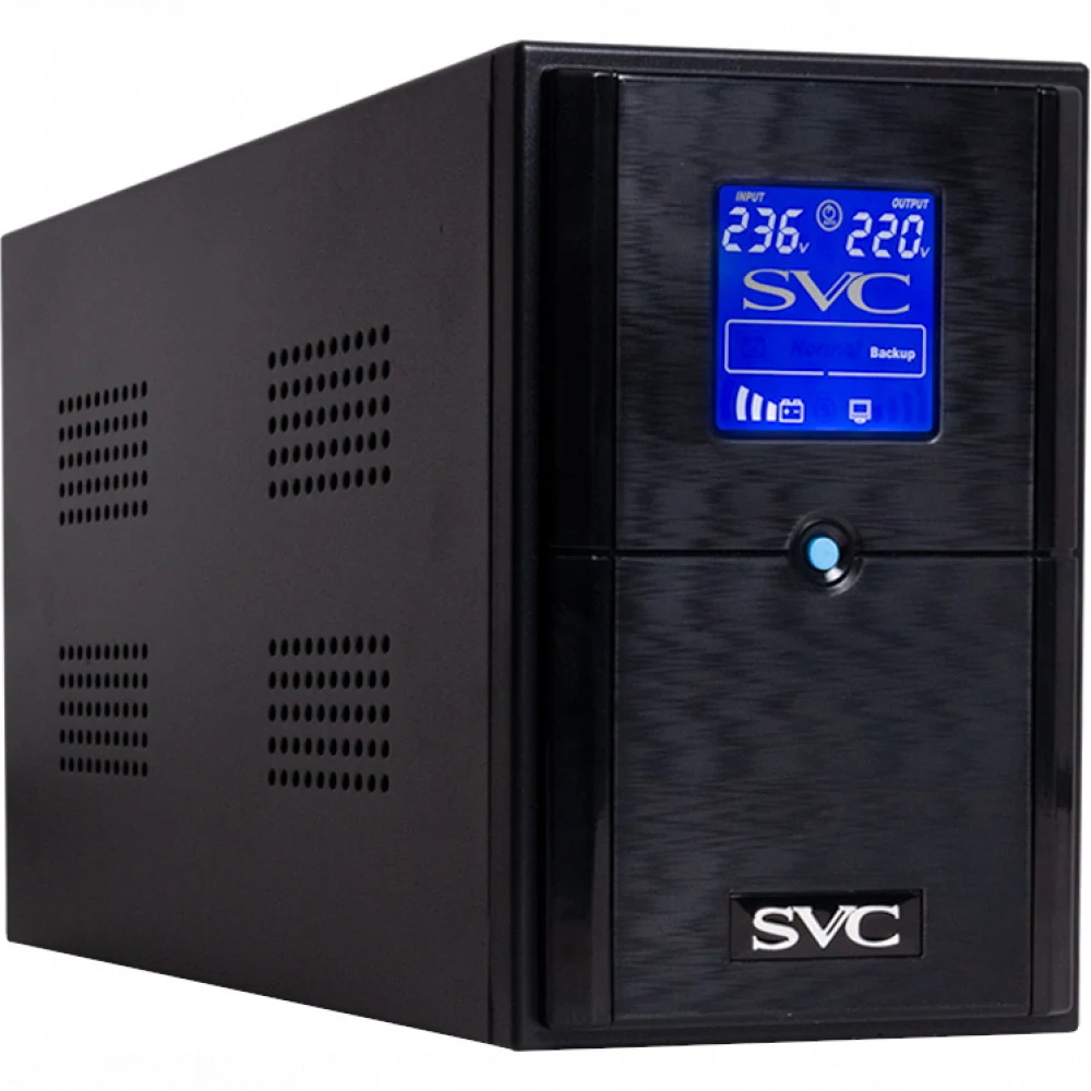 Источник бесперебойного питания, SVC, V-1500-L-LCD, Мощность: 1500ВА/900Вт, Диапазон работы AVR: 145-290В, Бат.: 12В/9 Ач*2шт., 3 вых.: Shuko CEE7, Чёрный (V-1500-L-LCD)