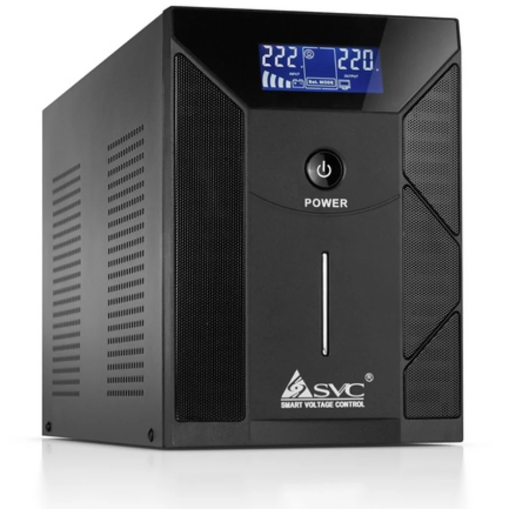 Источник бесперебойного питания, SVC, V-2000-F-LCD, Smart, USB, Мощность 2000ВА/1200Вт, Диапазон работы AVR: 175-275В, Бат.: 12В/9 Ач*2шт., 4 вых.: Shuko CEE7 , Чёрный