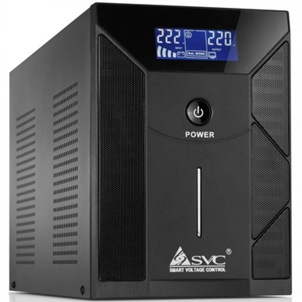 Источник бесперебойного питания, SVC, V-3000-F-LCD, Smart, USB, Мощность 3000ВА/1800Вт, Диапазон работы AVR: 175-275В, Бат.: 12В/7,5 Ач*4шт., 4 вых: Shuko CEE7, Чёрный (V-3000-F-LCD)