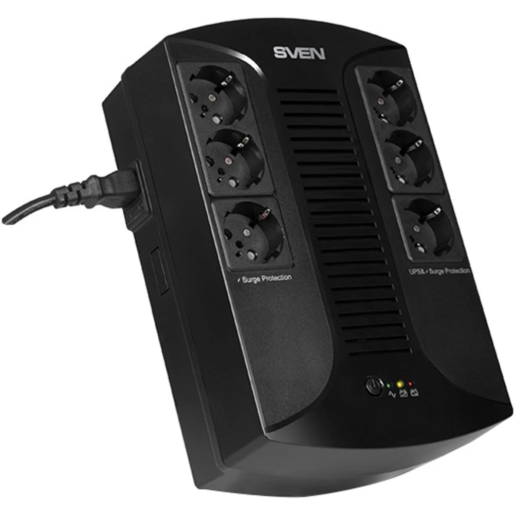 ИБП SVEN UP-L1000E, линейно-интерактивный, AVR, 1000ВА, 510Вт, 6 евро розеток 6*CEE7/4 (3х UPS/сетевой фильтр+3 x сетевой фильтр) , LED-индикация, черный, габариты 185 ? 280 ? 95мм, 5.9кг/ UPS SVEN
