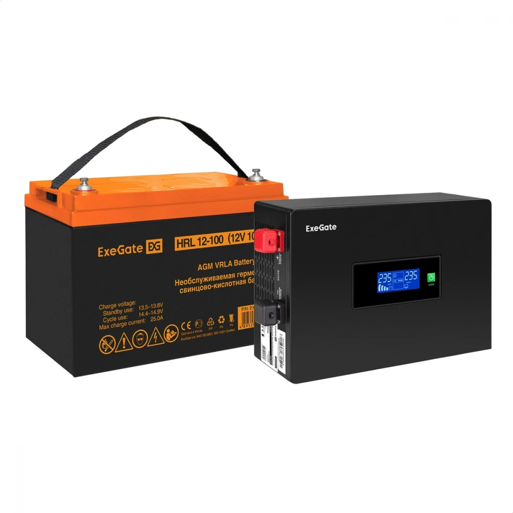 Комплект ИБП EX295993RUS + батарея 100Aч EX285656RUS 1шт инвертор, синус, для котла, PF=1, настенный) ExeGate IdealSine SR-1000.LCD.2SH  <1000VA/1000W, чистая синусоида, цветной LCD-дисплей, 2*Schuk