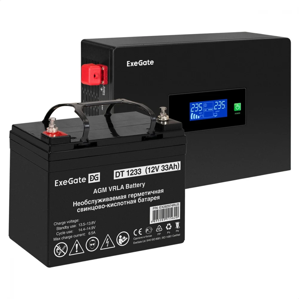 Комплект ИБП EX295993RUS + батарея 33Aч EX282974RUS 1шт (инвертор, синус, для котла, PF=1, настенный) ExeGate IdealSine SR-1000.LCD.2SH <1000VA/1000W, чистая синусоида, цветной LCD-дисплей, 2*Schuko