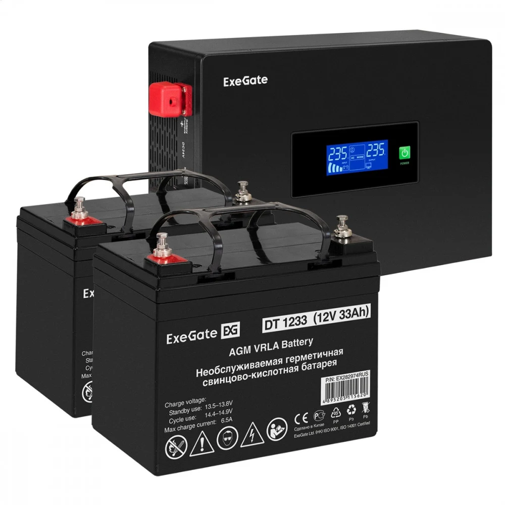 Комплект ИБП EX295994RUS + батарея 33Aч EX282974RUS 2шт (инвертор, синус, для котла, PF=1, настенный) ExeGate IdealSine SR-1500.LCD.2SH <1500VA/1500W, чистая синусоида, цветной LCD-дисплей, 2*Schuko