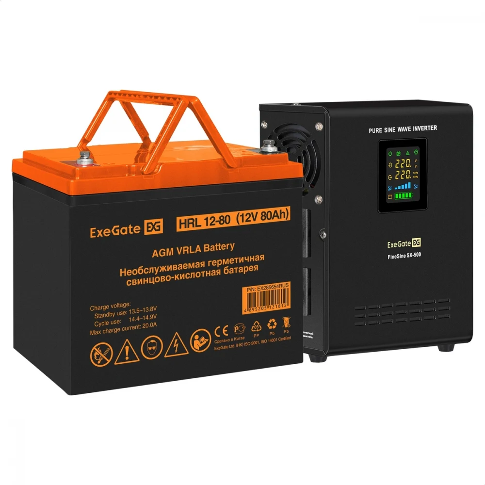 Комплект ИБП EX295995RUS + батарея 80Aч EX285654RUS 1шт (инвертор, синус, для котла, настенный) ExeGate FineSine SX-500.LCD.AVR.2SH <500VA/300W, чистая синусоида, цветной LCD-дисплей, AVR, 2*Schuko,