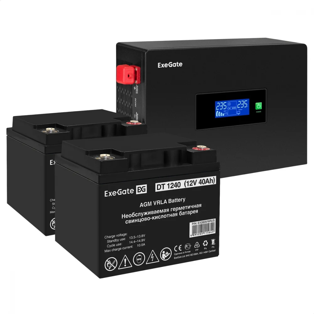 Комплект ИБП EX295994RUS + батарея 40Aч EX282976RUS 2шт инвертор, синус, для котла, PF=1, настенный) ExeGate IdealSine SR-1500.LCD.2SH  <1500VA/1500W, чистая синусоида, цветной LCD-дисплей, 2*Schuko