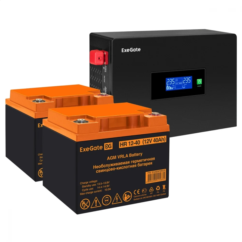 Комплект ИБП EX295994RUS + батарея 40Aч EX282979RUS 2шт инвертор, синус, для котла, PF=1, настенный) ExeGate IdealSine SR-1500.LCD.2SH  <1500VA/1500W, чистая синусоида, цветной LCD-дисплей, 2*Schuko