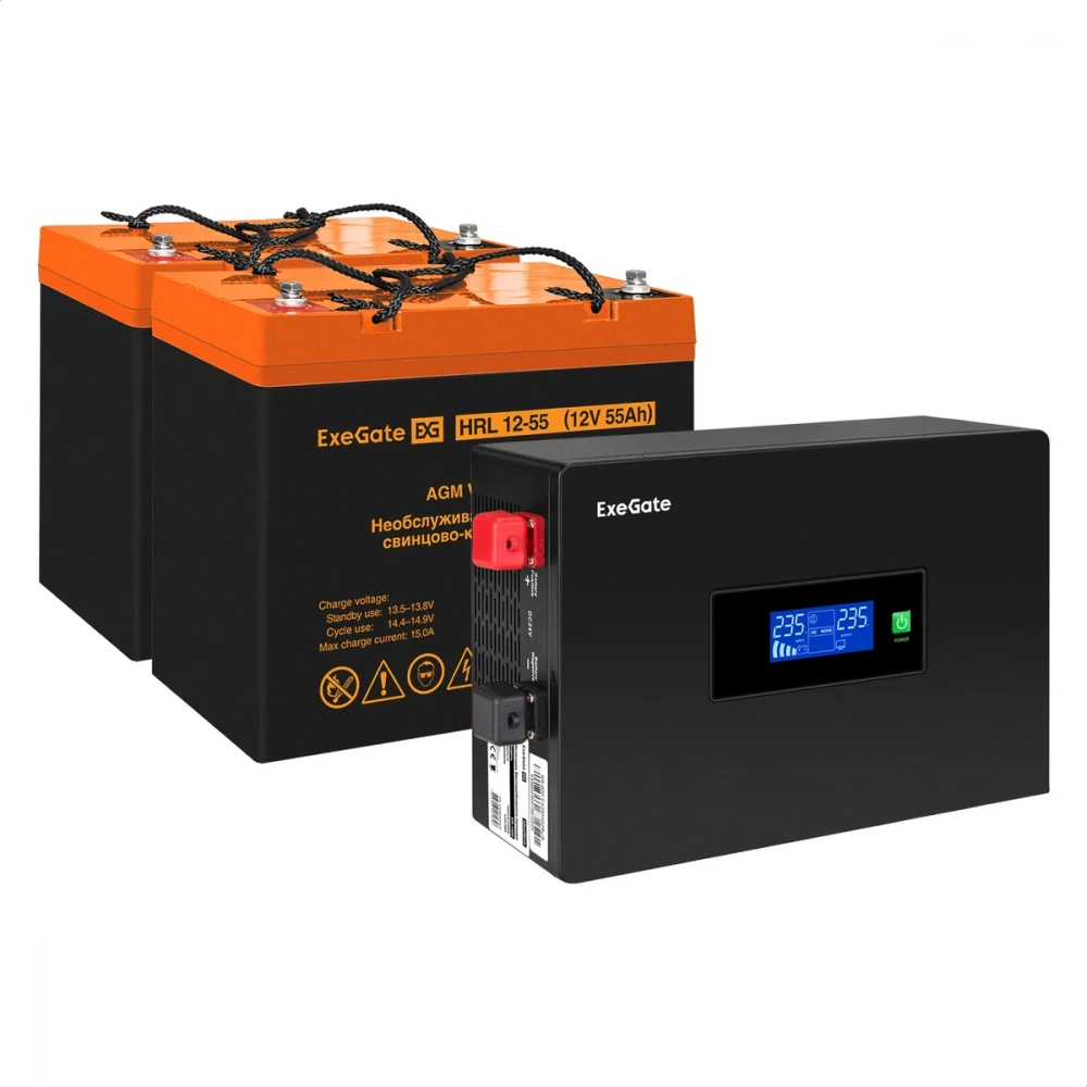 Комплект ИБП EX295994RUS + батарея 55Aч EX285652RUS 2шт инвертор, синус, для котла, PF=1, настенный) ExeGate IdealSine SR-1500.LCD.2SH  <1500VA/1500W, чистая синусоида, цветной LCD-дисплей, 2*Schuko