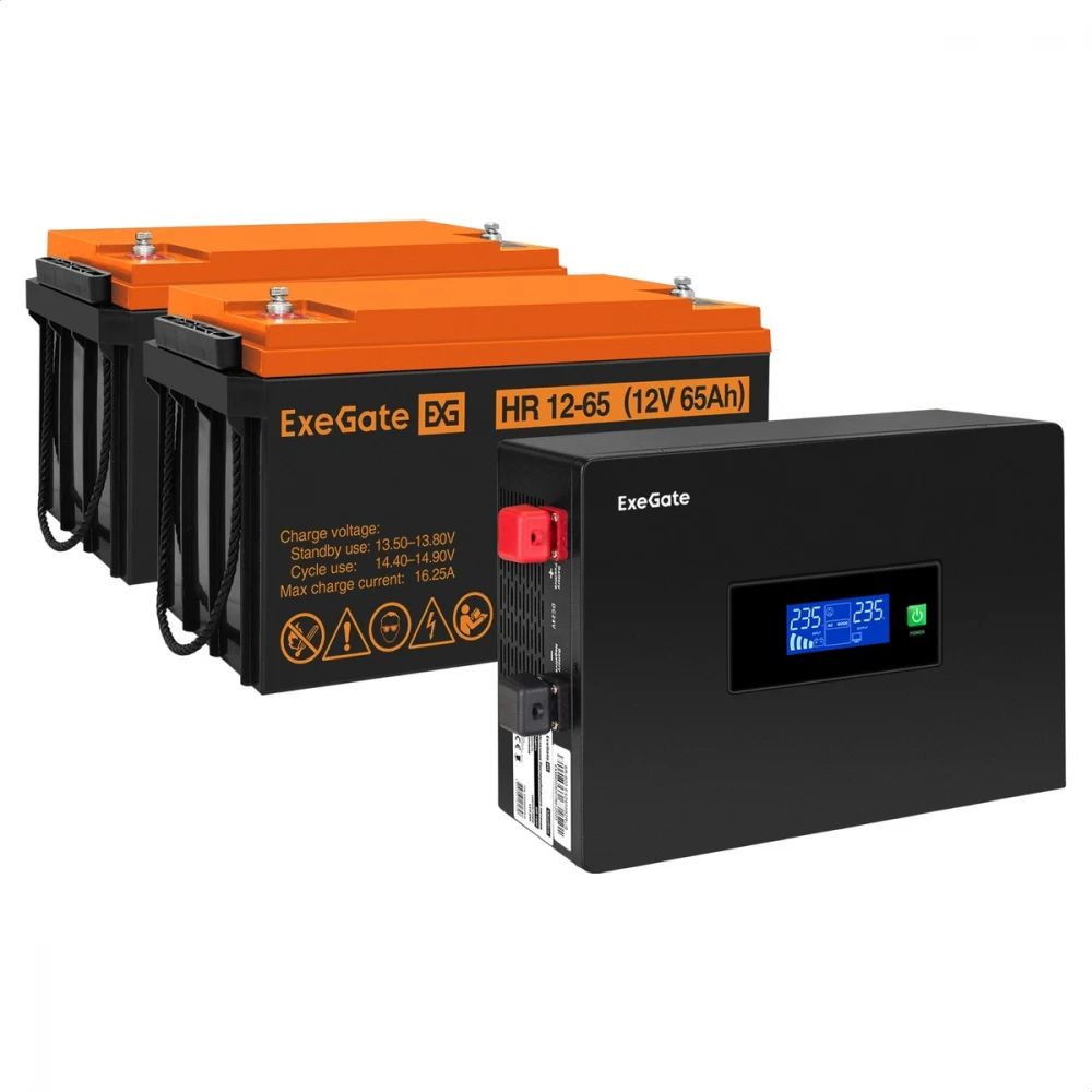 Комплект ИБП EX295994RUS + батарея 65Aч EX282982RUS 2шт инвертор, синус, для котла, PF=1, настенный) ExeGate IdealSine SR-1500.LCD.2SH  <1500VA/1500W, чистая синусоида, цветной LCD-дисплей, 2*Schuko