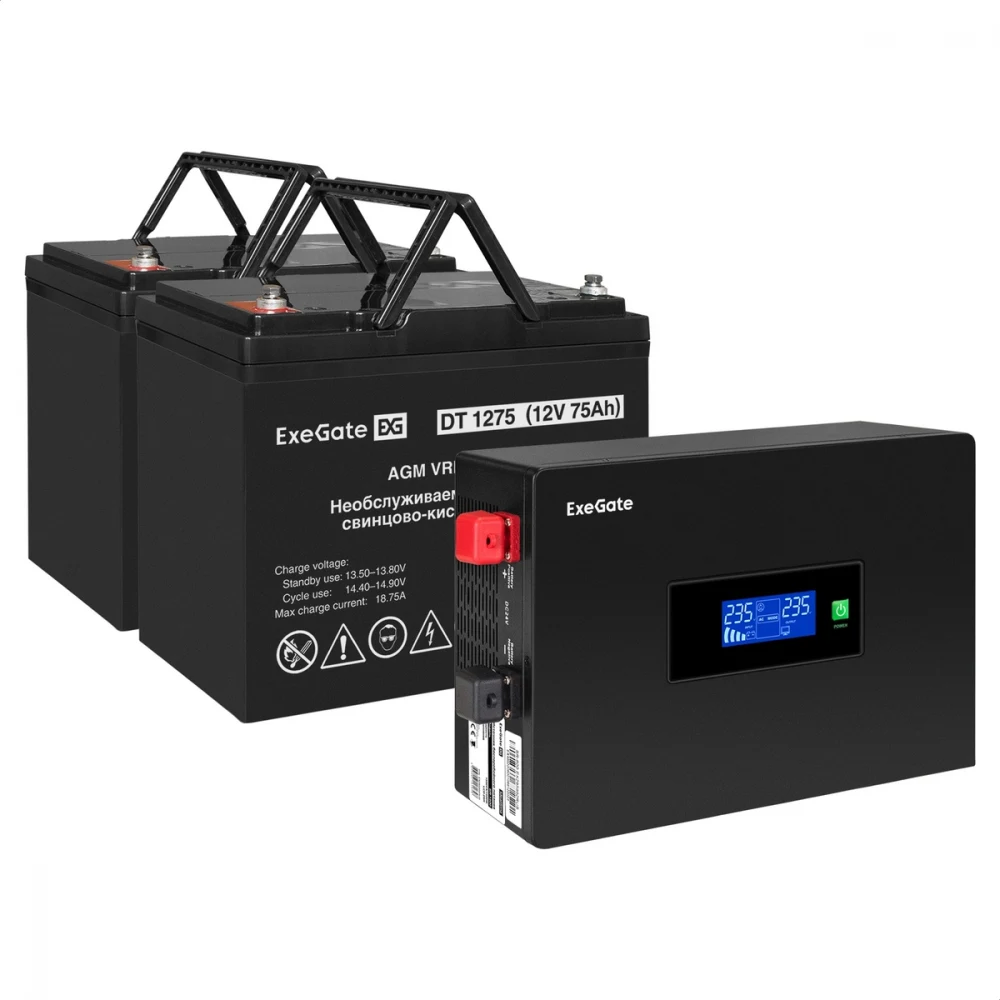 Комплект ИБП EX295994RUS + батарея 75Aч EX282983RUS 2шт инвертор, синус, для котла, PF=1, настенный) ExeGate IdealSine SR-1500.LCD.2SH  <1500VA/1500W, чистая синусоида, цветной LCD-дисплей, 2*Schuko