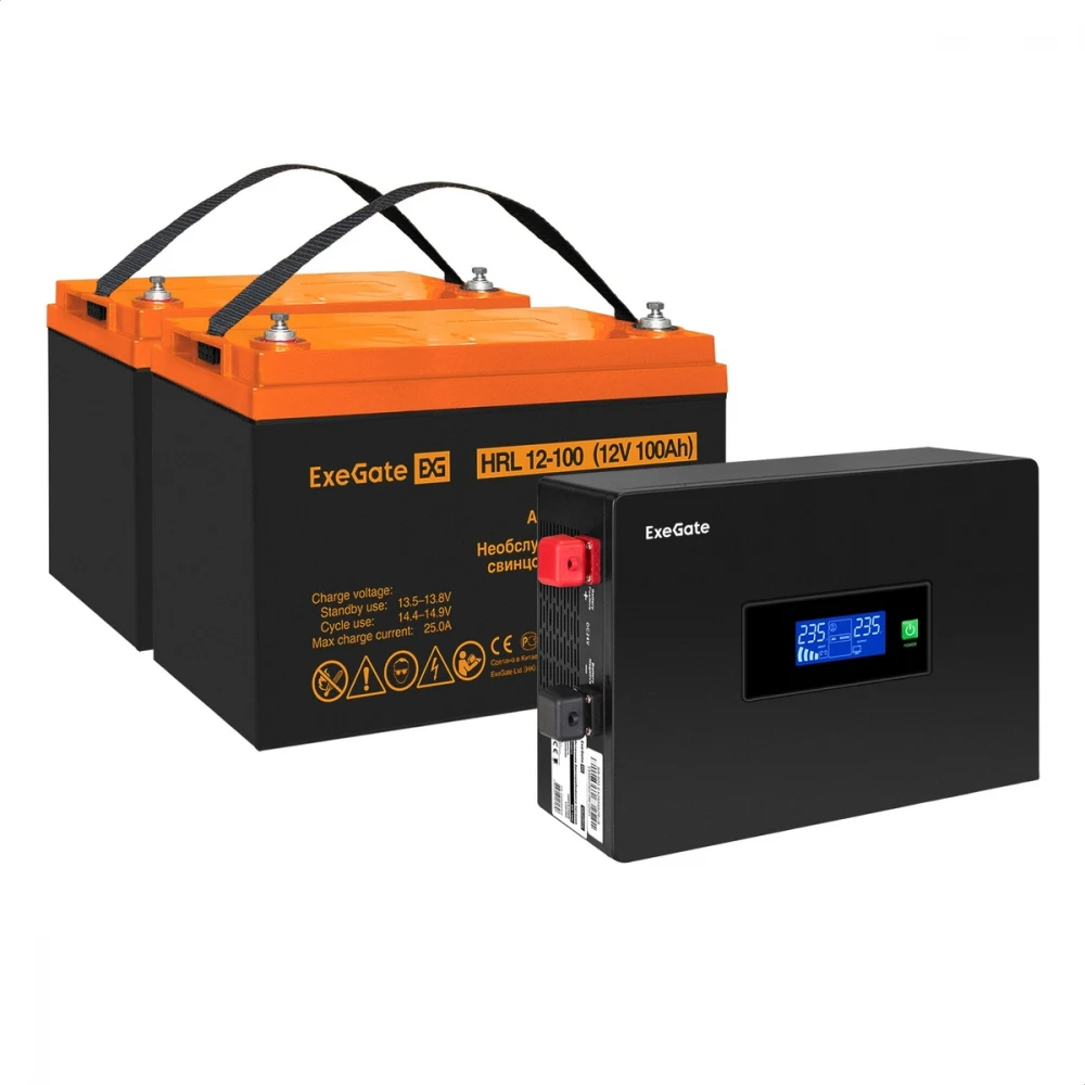 Комплект ИБП EX295994RUS + батарея 100Aч EX285656RUS 2шт инвертор, синус, для котла, PF=1, настенный) ExeGate IdealSine SR-1500.LCD.2SH  <1500VA/1500W, чистая синусоида, цветной LCD-дисплей, 2*Schuk