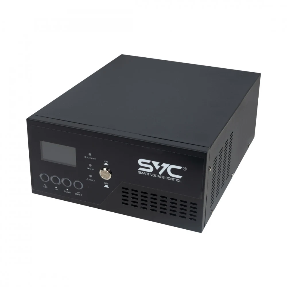 Инвертор, SVC, ES-1300-LCD, Мощность 1300ВА/1000Вт, Вход 12В и/или 220В, Выход 220В (Чистая синусоида на выходе), Диапазон работы AVR: 154-264±3В, Функция заряда батарей 19A, Чёрный